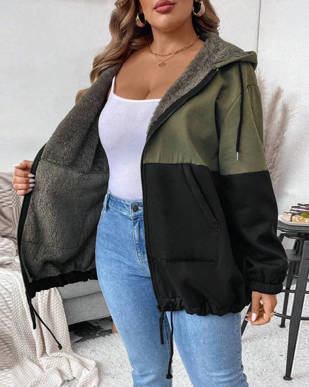 Damen Übergangsjacke Doppellagig Fleece Verstellbarer Saum Beige