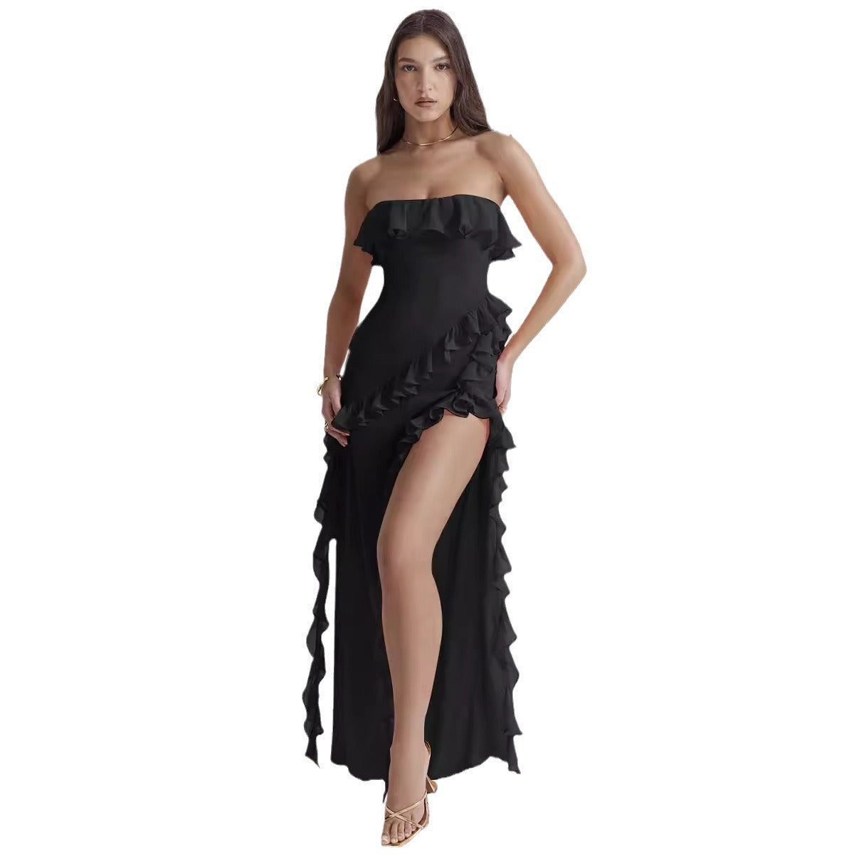 Damen Maxikleid Rüschen Off-Shoulder