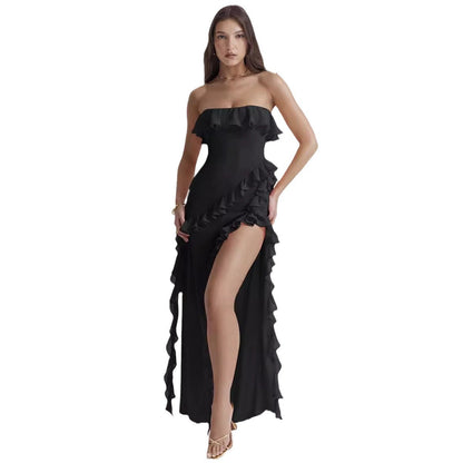 Damen Maxikleid Rüschen Off-Shoulder