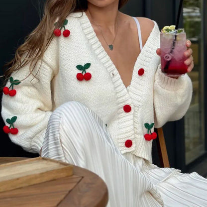 Damen Strickcardigan mit Kirschapplikationen