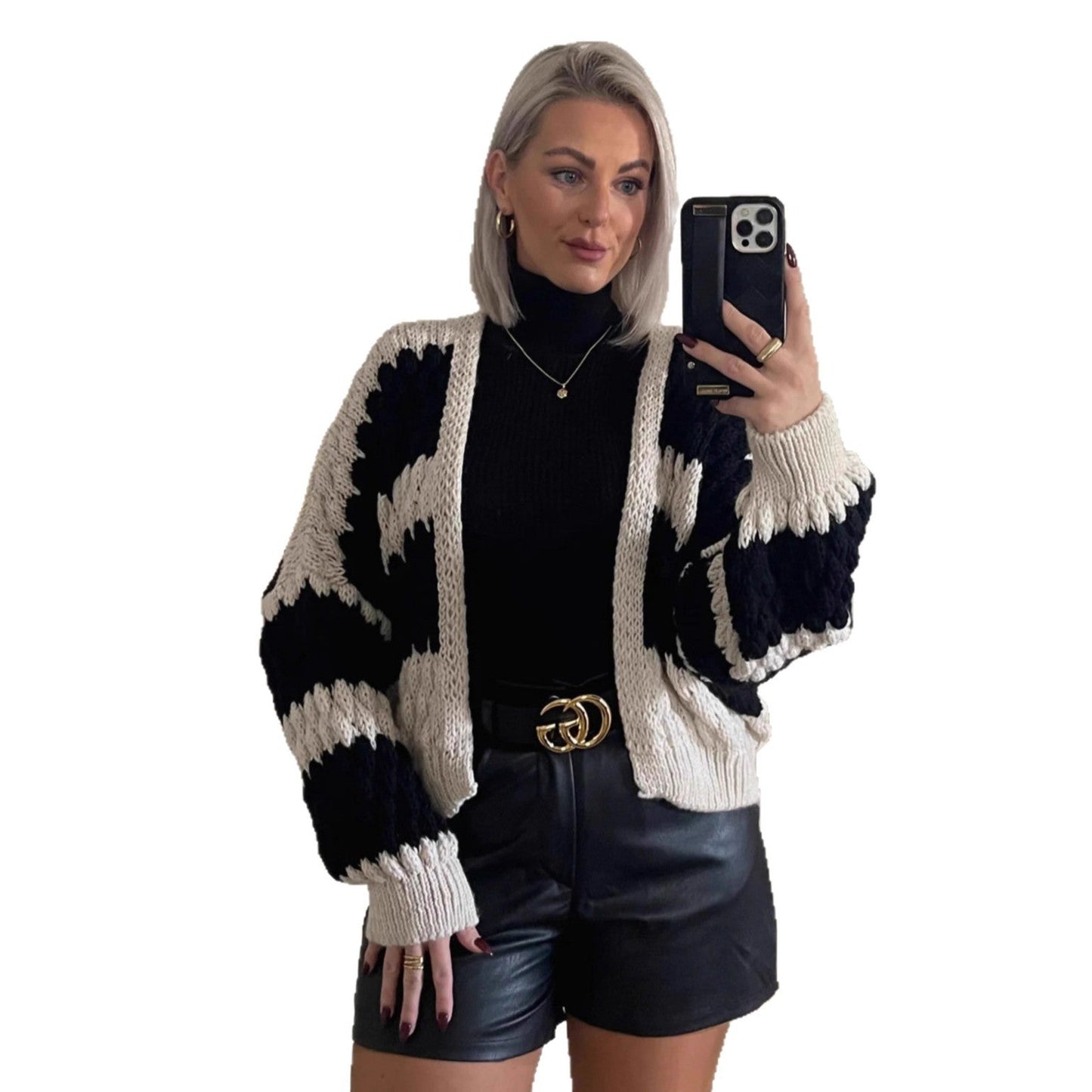 Damen Strickcardigan Oversized Großes Zopfmuster Beige