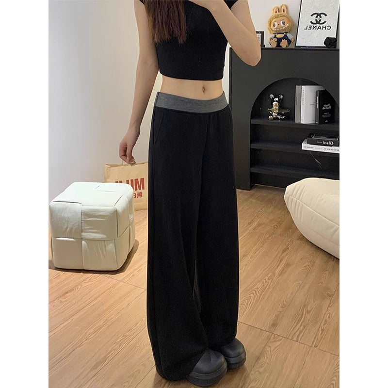 Damen Stoffhose Weites Bein Elastischer Bund Schwarz - Eveloria