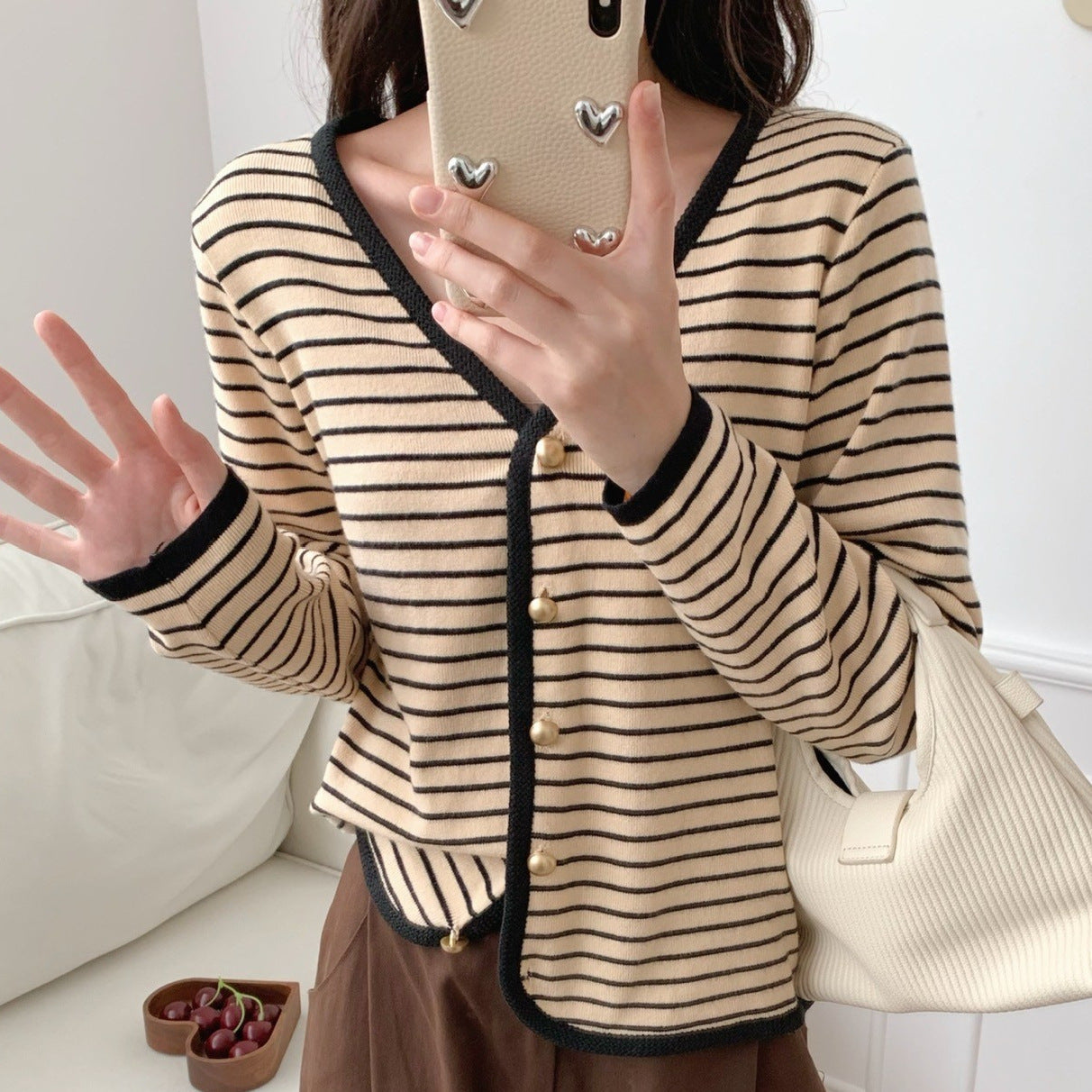 Damen Cardigan Gestreift V-Ausschnitt Elegante Knöpfe