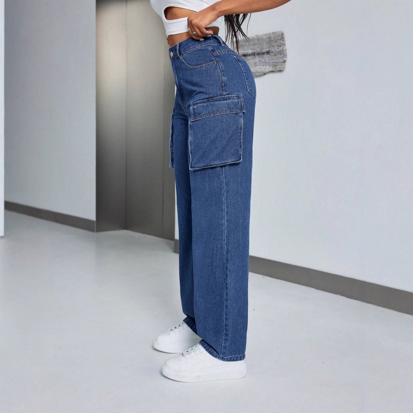 Damen Cargo-Jeans Hochbund Seitentaschen Eveloria