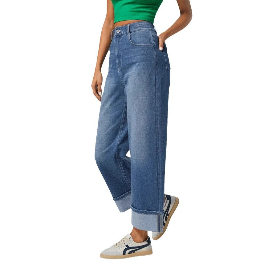 Damen Weite Denim-Hose Umschlag-Saum Blau Eveloria