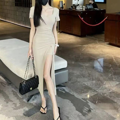 Damen Kleid Figurbetont Lange Version Raffungseffekt Hochschlitz