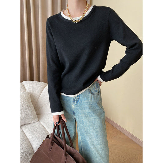 Damen Strickpullover Weich Kontrastdetails Beige - Eveloria