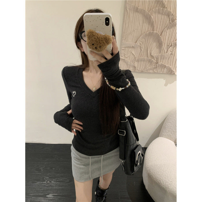 Damen Langarmshirt V-Ausschnitt Rippstruktur Elegantes Design
