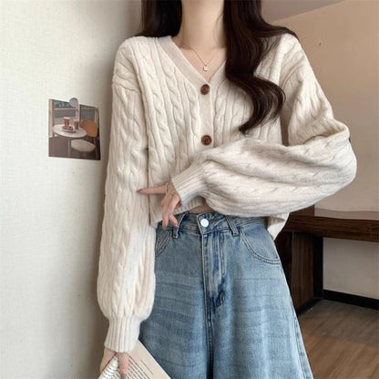 Damen Grobstrick-Cardigan Knöpfe V-Ausschnitt Beige