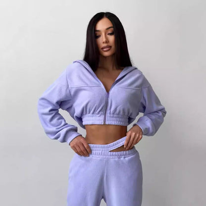 Damen Fleece-Jogginganzug Cropped Jacke Weite Hose Eveloria