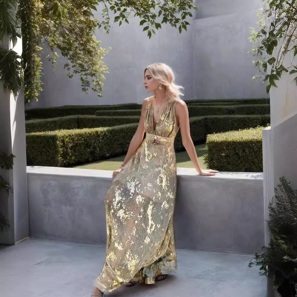 Damen Abendkleid Elegant Fließend Gold Akzente V-Ausschnitt