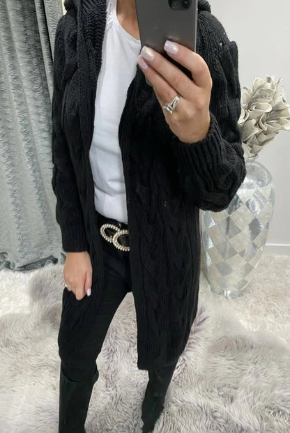 Damen Cardigan Grobstrick Zopfdesign Beige mit Taschen