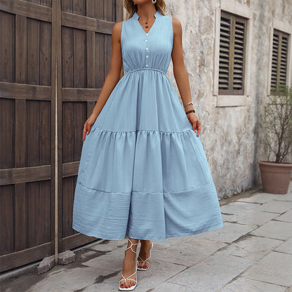 Damen Maxikleid V-Ausschnitt Knöpfe Eveloria