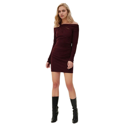 Damen Minikleid Asymmetrischer Ausschnitt Langer Ärmel Eveloria