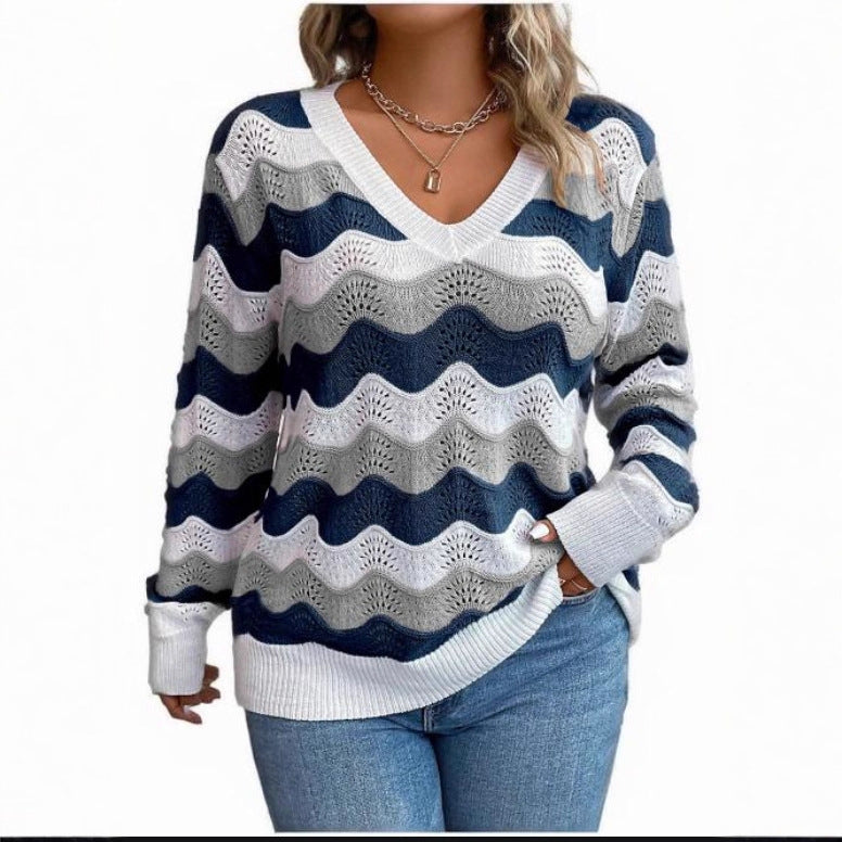 Damen Pullover V-Ausschnitt Wellenmuster Luftig Eveloria