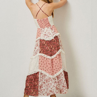 Damen Maxikleid Rüschen Florales Patchwork Design