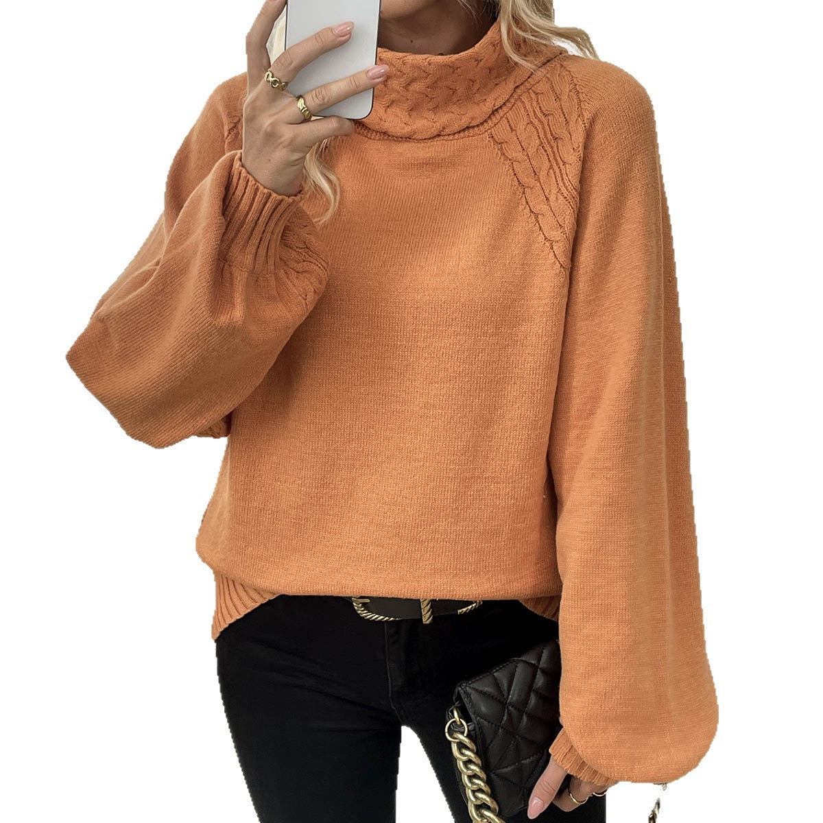 Damen Pullover Rollkragen Strukturiertes Zopfdesign Eveloria