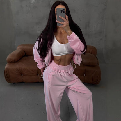 Damen Velours-Loungewear-Anzug Cropped Oberteil Weite Hose