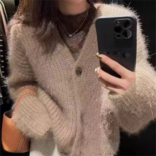 Damen Strickjacke Flausch Lässiger Schnitt Beige - Eveloria