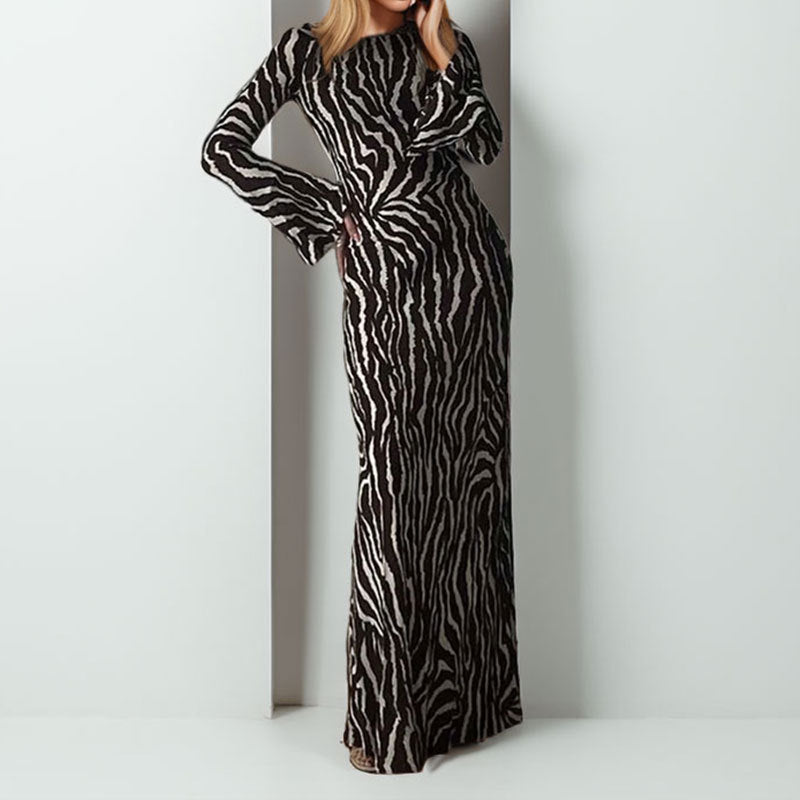 Damen Maxikleid Tiermuster Schimmerstoff Lang
