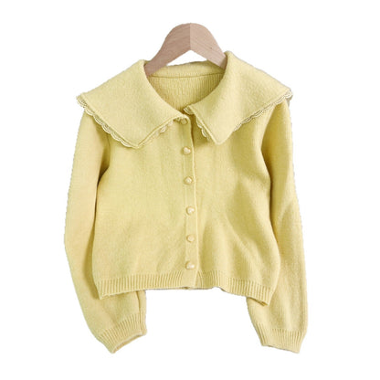 Damen Strickjacke Großer Kragen Dekorative Knöpfe Grau