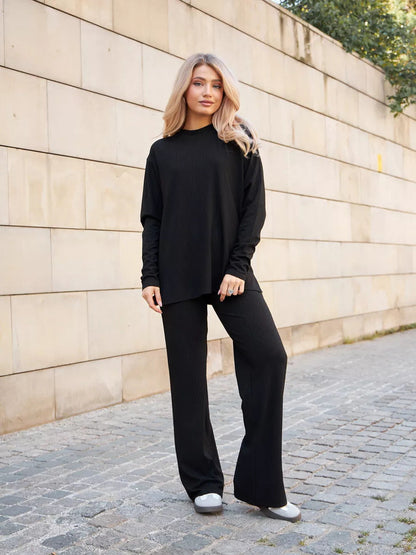 Damen Strick-Loungewear-Set Rippenstruktur Weites Bein