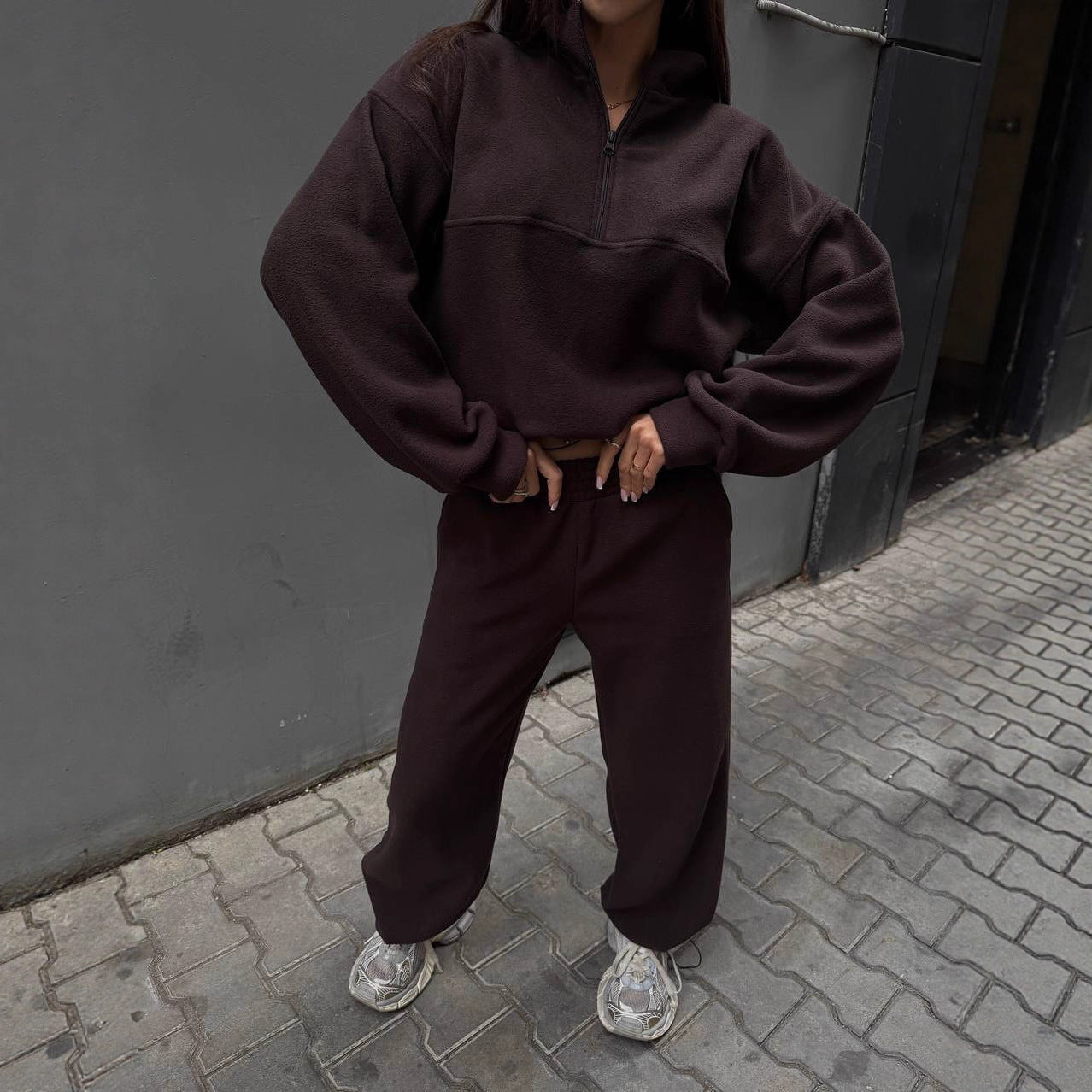 Damen Fleece-Jogginganzug Stehkragen Reißverschluss Eveloria