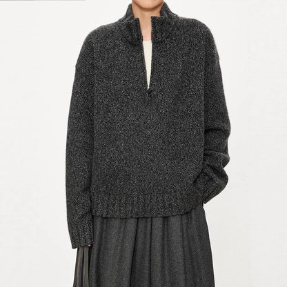 Damen Grobstrickpullover Hochkragen Halbzipp Evelyn