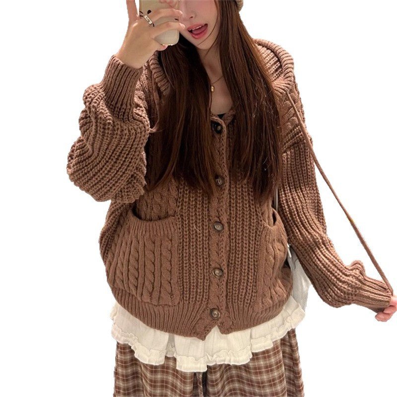 Damen Grobstrickjacke Kapuze Große Taschen Eveloria
