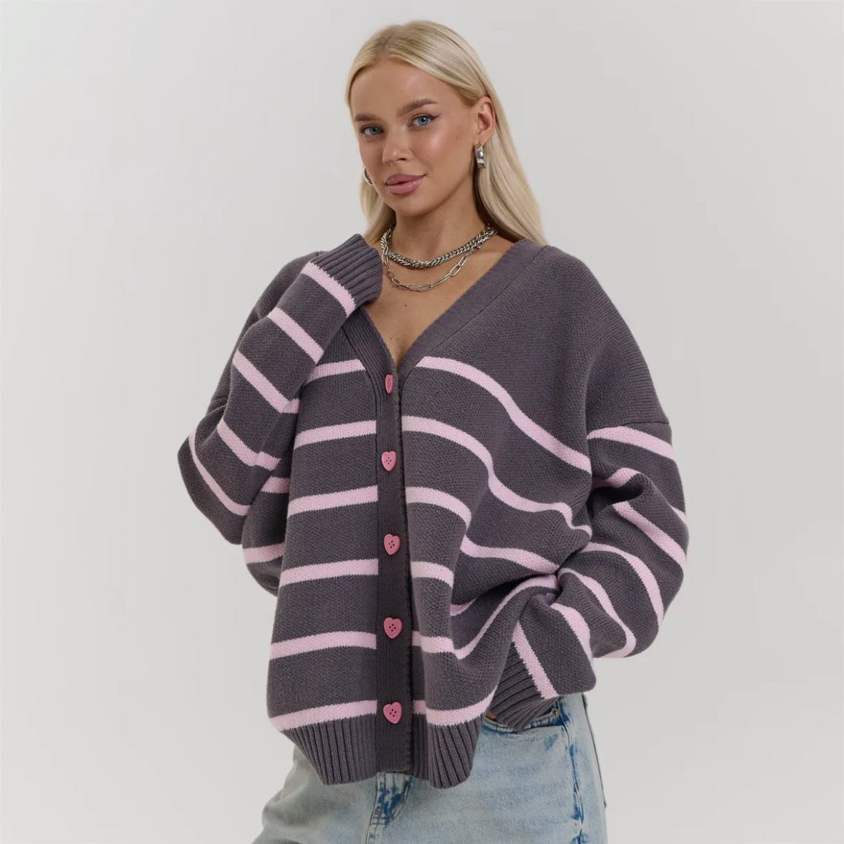 Damen Cardigan Grob gestrickt Streifen Muster Eveloria