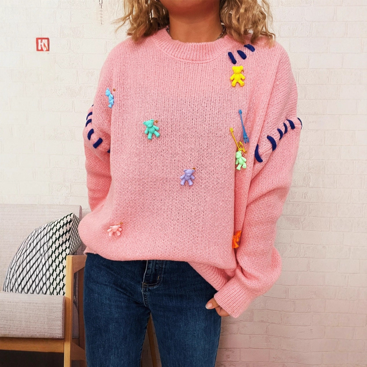 Damen Pullover Bunte Applikationen Weite Passform