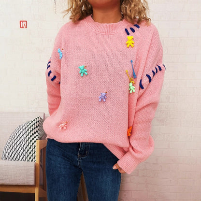 Damen Pullover Bunte Applikationen Weite Passform