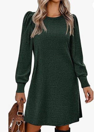 Damen Pulloverkleid Rippstrick Puffärmel Elegant