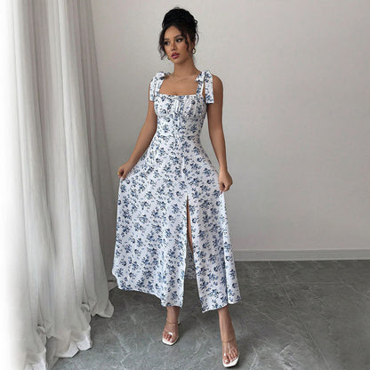 Damen Maxikleid Blumenmuster V-Ausschnitt