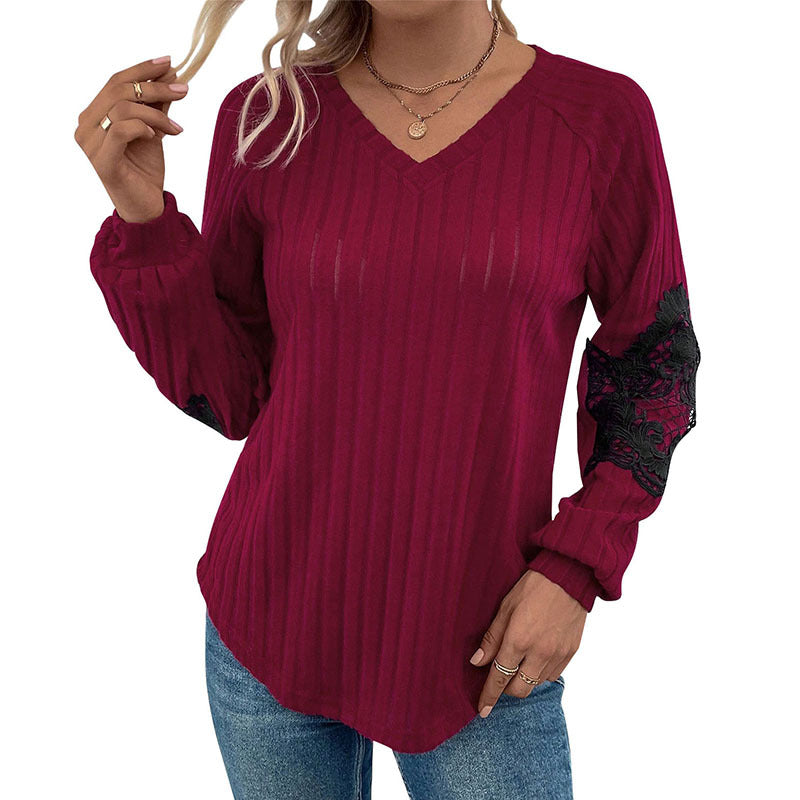 Damen Pullover V-Ausschnitt Spitze Ärmel Eveloria