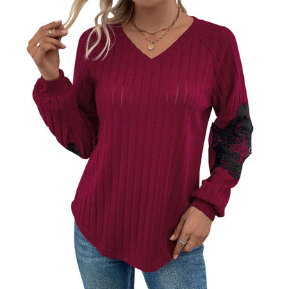 Damen Pullover V-Ausschnitt Spitze Ärmel Eveloria