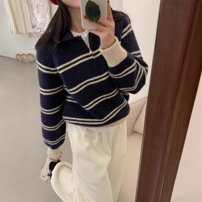 Damen Strickpullover Halbreißverschluss Gestreift Eveloria