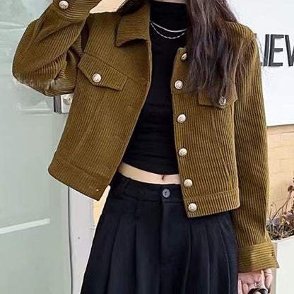 Damen Kordjacke Dekorative Knöpfe Braun Eveloria