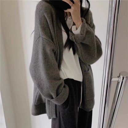 Damen Strickcardigan V-Ausschnitt mit Taschen Grau