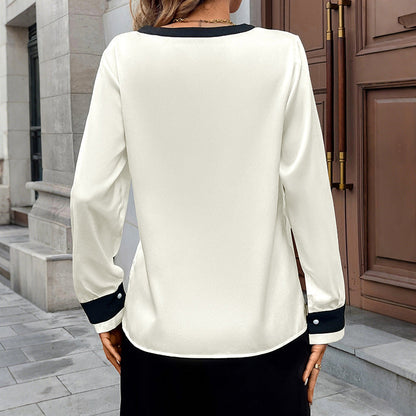 Damen Bluse Kontrastkragen Knopfdetails Elegantes Design