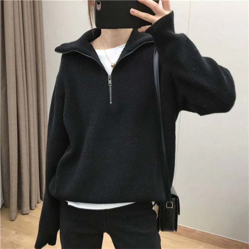 Damen Strickpullover Halb-Reißverschluss Hochkragen Eveloria