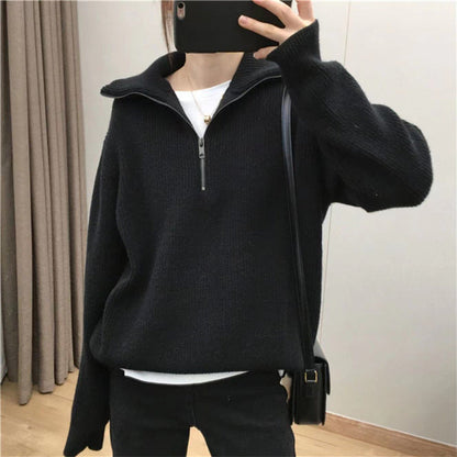 Damen Strickpullover Halb-Reißverschluss Hochkragen Eveloria