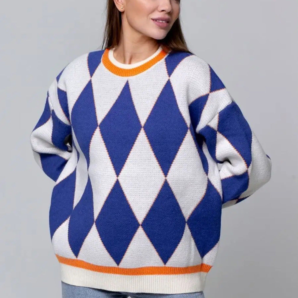Damen Pullover Rautenmuster Groß Minimalistisch Eveloria