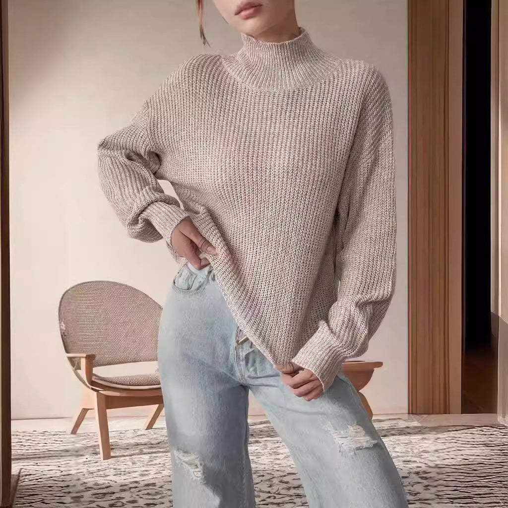 Damen Grobstrickpullover Hochkragen Lässig Eveloria