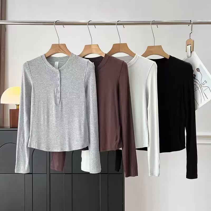 Damen Langarmshirt Baumwollmix Weich Knöpfe Schwarz Eveloria - Eveloria
