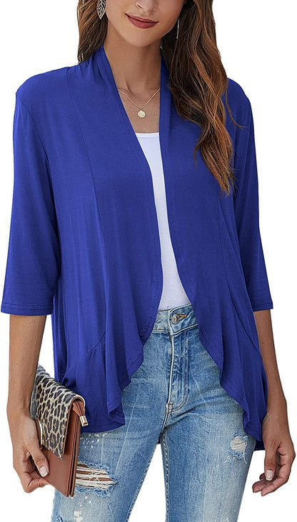 Eveloria Damen Strickjacke Einfarbig 7/8 Ärmel Rüschenrand