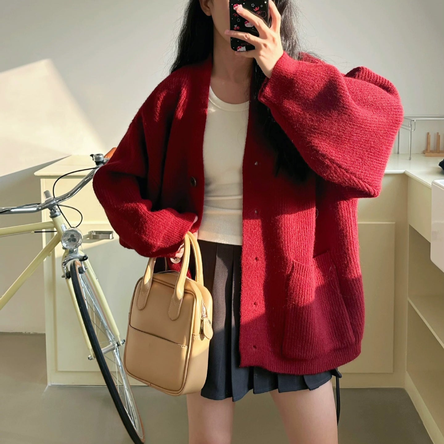 Damen Grobstrickjacke Elegant Knöpfe Taschen Eveloria
