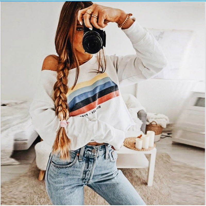 Damen Off-Shoulder Sweatshirt Streifenmuster