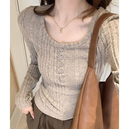 Damen Langarm-Pullover Figurbetont mit Knöpfen Eveloria
