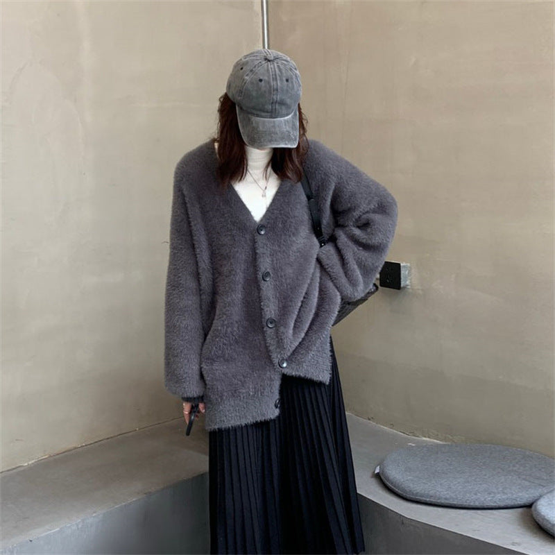 Damen Flauschcardigan Weit mit Knöpfen Beige